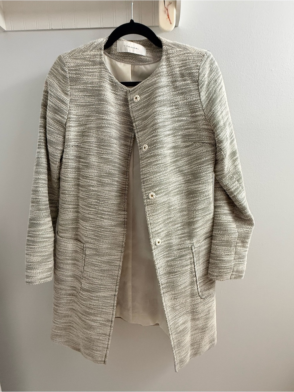 Tahari Neutral Tweed Collarless Trench Coat
